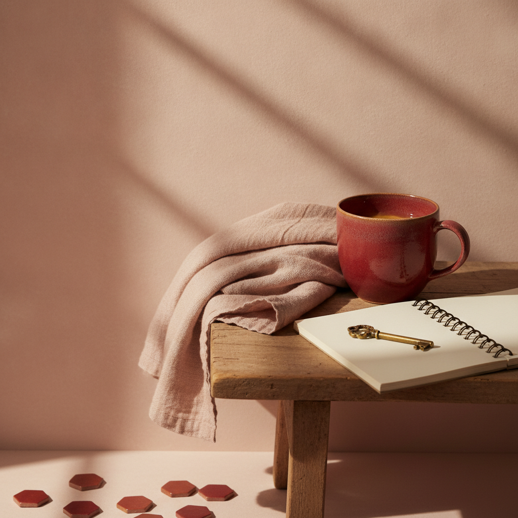 Moodboard: warme Cremerosa-Stimmung, ein Rotakzent, weiches Vormittagslicht